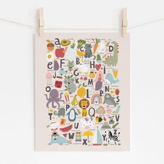 Whimsical kids alphabet poster with animals and objects in pastel colors and a light beige background Educational Prints, Light Beige Background, Ocean Themed Nursery, Abc Kids, Neutral Wall Decor, Alphabet Wall Art, Playroom Wall Decor, Abc For Kids, Kids Print