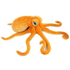 an orange octopus with green eyes on a white background