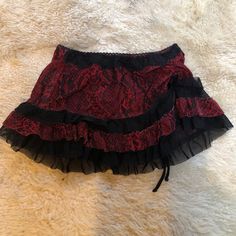 Brand New Red And Black Lingerie Skirt! Sassy Sexy Size Small! Gothic Style Fitted Red Mini Skirt, Red Ruffled Skirt For Night Out, Flirty Red Mini Skirt, Gothic Red Bottoms For Party, Red Stretch Ruffled Skirt Bottoms, Red Fitted Bottoms With Lace Trim, Fitted Red Bottoms With Lace Trim, Girly Closet, Red And Black Lingerie