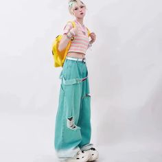 Wide Harajuku Y2K Pants - Pastel Kitten Tattered Jeans, Estilo Harajuku, Y2k Pants, Moda Streetwear, Oversized Jeans, Streetwear Mode, Moda Jeans, Stylish Blouse, Simple Tees