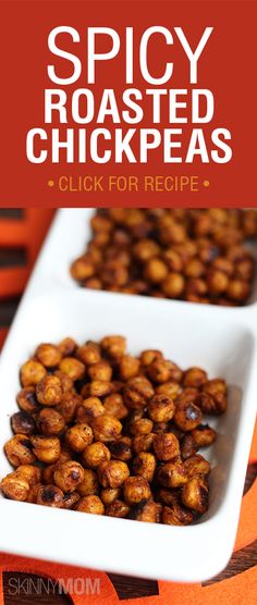 two white bowls filled with roasted chickpeas on top of an orange and black table cloth