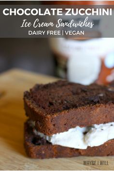 chocolate zucchini ice cream sandwich with dairy free vegan on the side and text overlay that reads, chocolate zucchini ice cream sandwich