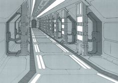 a drawing of a long hallway with lots of windows