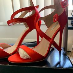 Red Satin, Size 9, Can Fit You If You Have Wide Feet But Slim Ankles If You Have Thinker Ankles, These May Not Be For You. This The Reason I Am Selling, The Second Strap Is Hard To Connect Over My Ankle. Never Worn But No Box Available Red Round Toe Sandals For Night Out, Red Heels With Heel Strap For Night Out, Single Sole Heels, Asos Shoes, Red Satin, Shoes Women Heels, Shoes Heels, Asos, Two By Two