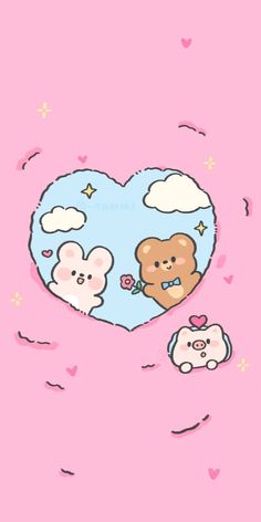 two teddy bears in the shape of a heart with clouds and stars above them on a pink background