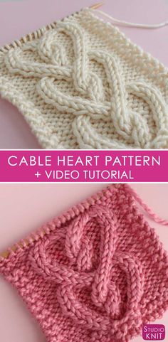 the knitting pattern for cable heart is shown in pink and white, with text overlay