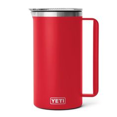 a red yeti coffee mug with the lid open and handle extended, on a white background