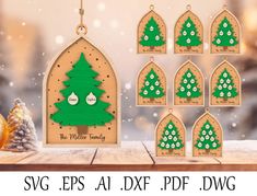 wooden christmas tree ornament set on table with snow and trees in the background