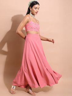 This ethnic co-ord set consists of a top, palazzos, and a jacket Pink & green floral printed cropped-top, has shoulder straps, sleeveless and slip-on closure Pink solid palazzos has a slip-on closure Comes with a matching printed jacket with short regular sleeves Size & Fit Please check the last image above for a complete size chart. Material & Care Top: Polyester Palazzos: Polyester Jacket: Polyester Machine Wash Summer Party Sets With Long Skirt, Summer Festive Georgette Choli, Two-piece Set With Flowy Skirt For Summer, Summer Festive Georgette Sets, Summer Party Sets With Flowy Skirt, Summer Party Georgette Sets, Fitted Georgette Choli For Summer, Fitted Choli With Long Skirt For Summer, Fitted Summer Choli With Long Skirt