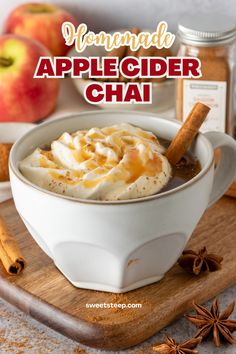 homemade apple cider chai in a white bowl with cinnamon and anise on the side