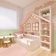 a dollhouse bed in the corner of a room with pink walls and flooring