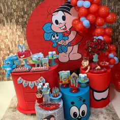 an image of a birthday party setting with balloons and decorations on the table for children's birthday