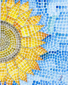 a sunflower is painted on the side of a blue and yellow mosaic tile wall