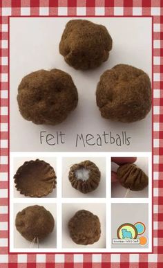 four different types of meatballs on a red and white checkered tablecloth with the words felt meatballs