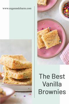 the best vanilla brownies with sprinkles on pink plates and white background