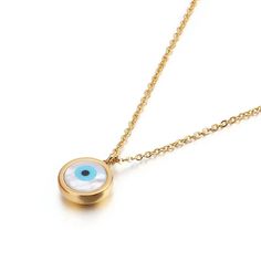 Be captivated by Juniper Treasures beautiful Dainty Round White Blue Evil Eye Pendant Necklace. Crafted from high-quality Stainless Steel that shimmer and shine, this charm necklace is sure to bring luck and protection to the wearer. Perfect for everyday wear or special occasions, this piece is sure to become a treasured addition to any jewelry collection.

 * 18KT Gold Plated
 * 316L Stainless Steel
 * Stackable 
 * Water Safe 
 * Non Tarnish
 * Lobster Clasp
 * Hypoallergenic

Hypoallergenic Jewelry is free of metals that are common skin irritants. 

Occasion: Anniversary/ Casual/ Daily/ Party/ Gift White Round Pendant Necklace In Stainless Steel, White Stainless Steel Necklace With Round Pendant, White Stainless Steel Round Pendant Necklace, White Stainless Steel Necklaces, Tarnish Resistant, White Stainless Steel Necklace Tarnish Resistant, White Tarnish-resistant Stainless Steel Necklace, White Stainless Steel Tarnish-resistant Necklace, Evil Eye Metal Necklace With Round Shape, Metal Evil Eye Necklace With Round Shape