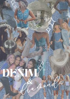 a collage of photos with the words denim and diamonds