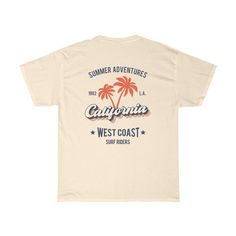 This cool retro California tshirt with palm trees design is the perfect gift idea or souvenir for every surfer in summer. Get yours now! Also available on sweatshirts: https://www.etsy.com/listing/1044743496/california-sweatshirt-los-angeles Browse through my other awesome items here: http://thenims.etsy.com/ UNISEX TEES Gildan 5000™ (CUSTOMER FAVORITE) * 100% Cotton (fiber content may vary for different colors) * Medium fabric (5.3 oz/yd² (180 g/m * Classic fit * Tear away label * Runs true to Retro Text Print T-shirt For Beach, Retro Graphic Print Camp Shirt For Vacation, Retro Hawaiian Shirt With Graphic Print For Beach, Retro Graphic Print Hawaiian Shirt For Beach, Retro Graphic Print Camp Shirt For Beach, Hawaiian Graphic Print Surfing Shirt, Summer Surfing Shirt With Graphic Print, Summer Camp Shirt With Letter Print For Streetwear, Summer Graphic Print Surfing Shirt