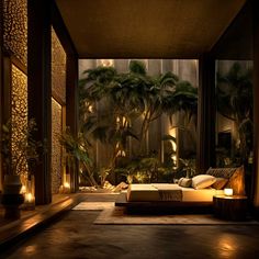 a bed sitting in the middle of a room with palm trees on either side of it