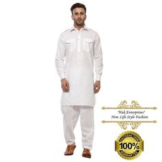 Indian Men's Handmade Traditional Party Wear Solid White Designer Pathani Kurta Pajama Pathani For Men, Mens Kurta Designs, Indian Man, Kurta Pajama, Men's Wear, Kurta Designs