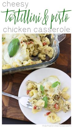 a white plate topped with pasta next to a casserole dish filled with chicken