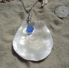 a white shell with a blue sea glass in the center on a silver chain necklace