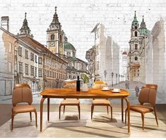 a dining room table and chairs in front of a wall with an image of buildings on it