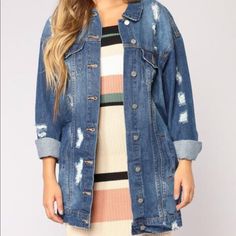 Fashion Nova New With Tags Oversized Denim Jacket. Distressed . Size Small Oversized Denim Casual Outerwear, Casual Oversized Denim Outerwear, Oversized Washed Outerwear For Day Out, Oversized Medium Wash Denim Jacket For Day Out, Trendy Oversized Denim Outerwear, Medium Wash Denim Jacket For Day Out, Medium Wash Long Sleeve Denim Jacket For Day Out, Oversized Denim Jacket For Day Out, Oversized Medium Wash Denim Jacket