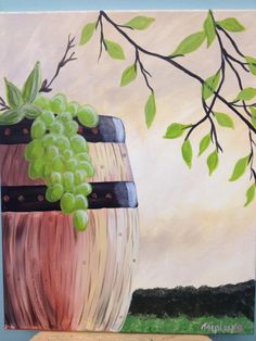 an image of a painting of grapes in a barrel with leaves on the vine and sky behind it