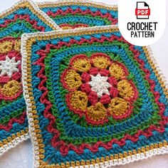 two crocheted coasters are sitting on a white surface with the words crochet patterns below them