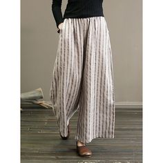 Season:Fall,Summer; Fabric:Cotton And Linen,Polyester; Gender:Women's; Style:Fashion,Lightweight,Casual,Vintage; Elasticity:Micro-elastic; Occasion:Casual,Daily,Vacation,Weekend; Function:Comfortable,Breathability; Waistline:Mid Waist; Pattern:Striped; Design:Elastic Waist,Pocket; Pants Type:Chinos,Wide Leg,Pants Trousers; Front page:FF; Listing Date:07/21/2023; Production mode:External procurement; Hips:; Length:; Pants Length:Full Length Striped Wide Leg Trousers, Trousers Pattern, Linen Pant, Cotton Linen Pants, Striped Wide Leg Pants, Wide Trousers, Casual Wide Leg Pants, Linen Casual, Linnet