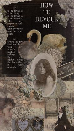 an altered collage with some pictures and words on the bottom right hand corner, including two swans