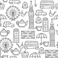 the british symbols are drawn in black and white, including london's famous landmarks