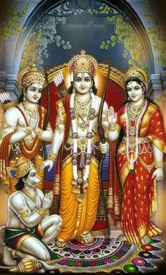 three deities standing next to each other in front of a golden background