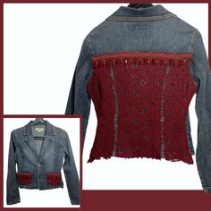 Boho Denim Blazer - One-of-a-Kind Refashioned Gem This showstopping jean blazer has been beautifully refashioned with romantic boho details! Featuring luxurious burgundy lace panels and shimmering bead accents. Handcrafted redesigned denim base from Clash Jeans. Size medium. Details: Size Tag: Women's medium but fits smaller Semi fitted 2-button blazer style Burgundy lace and bead trim Medium wash blue denim with light fading Lace trimmed pockets | Metal buttons Long sleeves with metal buttons, Embellished Long Sleeve Denim Jacket, Fitted Embellished Medium Wash Denim Jacket, Burgundy Denim Jacket, Winter Denim Jacket With Frayed Hem And Button-up Design, Denim Blazer Women, Red Bohemian V-neck Outerwear, Boho Jeans, Boho Denim, Burgundy Lace