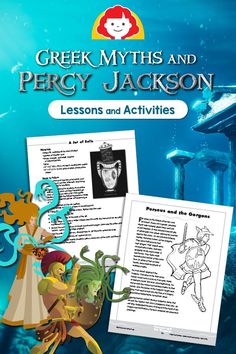 the book cover for greek mythology and percy jackson lessons and activities