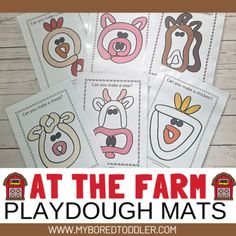 four farm themed playdough mats with the words at the farm on them and an image