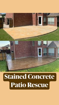 the before and after photos of a concrete patio being installed in front of a brick house