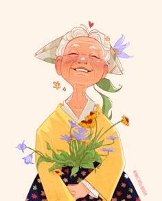 an older woman with flowers in her hand