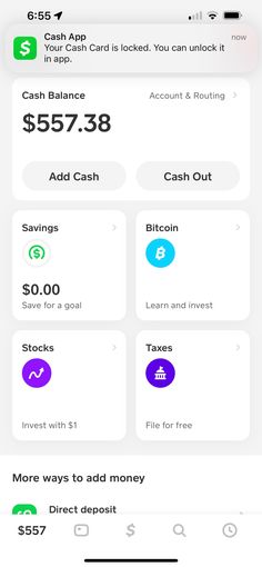 an iphone screen showing the balance and cash options for different types of credit cards, including $