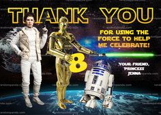 Star Wars Thank You Card, Princess Leia Thanks, C3P0 R2D2 Bday Party Princess Leia Party, C3po And R2d2, Thanks Note, Star Wars Princess Leia, Star Wars Princess, Birthday Thanks, Star Wars R2d2, Star Wars Birthday, Princess Leia