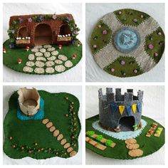 four different pictures of miniature houses made out of felt and fabric material, including a castle