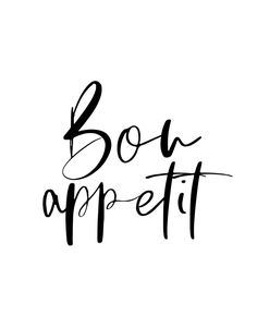 the word bon appetit written in black ink on a white background with handwritten lettering