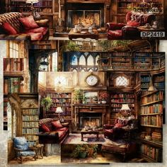 a collage of photos with furniture and bookshelves