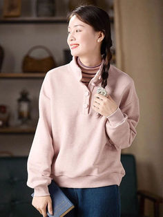 Styles:	Street
Material:	100% Cotton
Clothing Length:	Regular
Sleeve Length:	Long Sleeve
Collar:	Stand Collar
Decoration:	Button
Pattern:	Solid Color
Season:	Winter

#sweatshirt #pink #cotton #designer