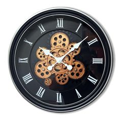 a black and white clock with gears on it