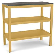 a yellow shelf with two shelves on each side and one shelf below the shelf has a black top