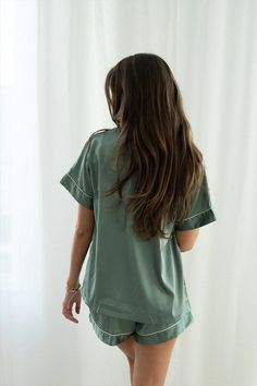 Moss Green Satin Pajamas Shorts Set – Spikes and Seams Casual Satin Sets For Pajama Party, Casual Satin Sleep Sets, Relaxed Fit Satin Sleepwear For Loungewear, Casual Satin Sleepwear, Relaxed Fit Satin Sleepwear For Bedtime, Satin Loungewear Set With Relaxed Fit, Relaxed Fit Satin Loungewear Sets, Satin Sleep Sets With Relaxed Fit, Green Relaxed Fit Sleepwear For Relaxation