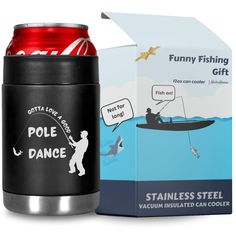 a can cooler with an image of a man fishing on the water next to it