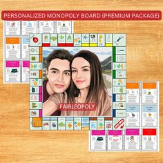 a board game with two people and the words, personalized monopoly board premium package